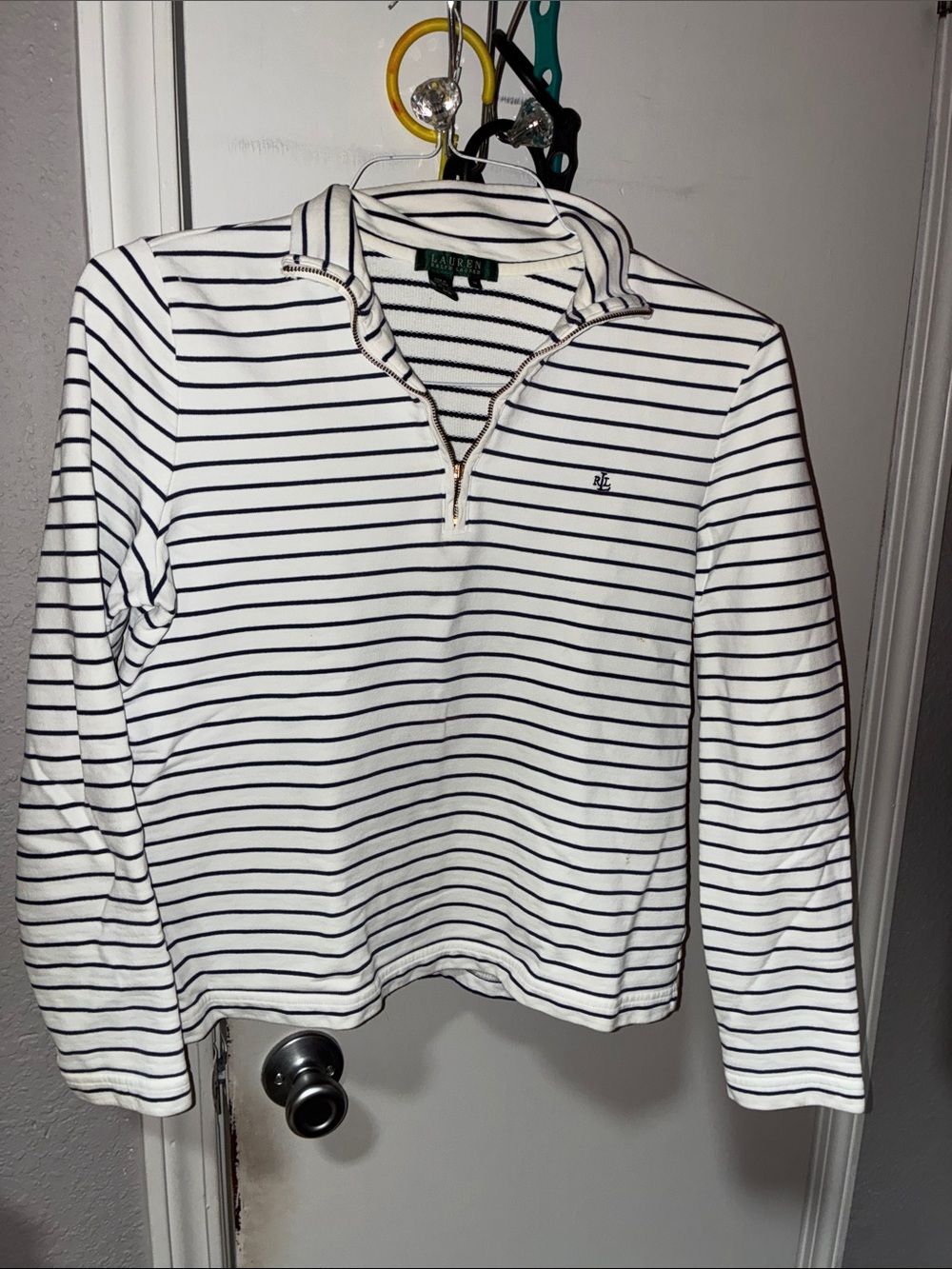 Lauren Ralph Lauren White and Navy Striped Half-Zip long sleeve top